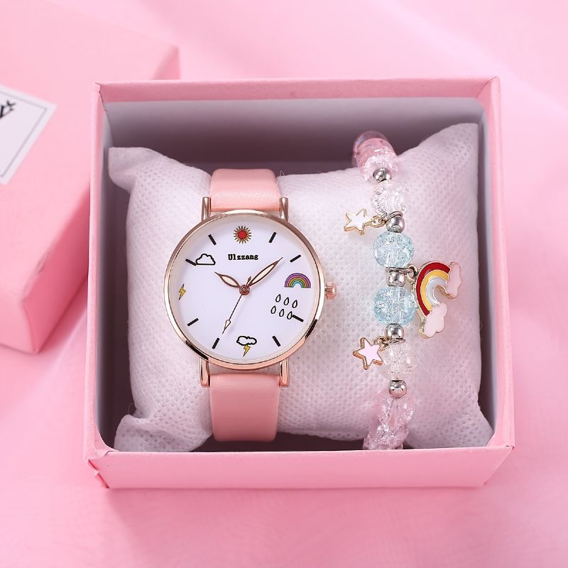 Mode Creative Cartoon Børne Quartz Watch Set Rainbow Clouds Stars Cute