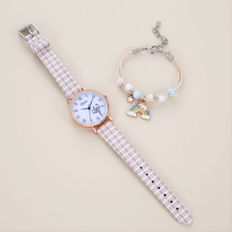 Piger Modeable Chic Runde Pinwheel Quartz Watch + Small Rainbow Armbånd