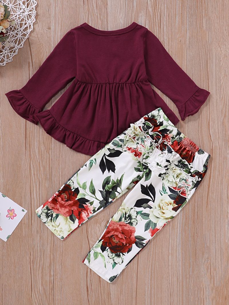 2 Stk Baby Bourgogne Langærmet Koreansk Top & Blomsterbundt Sæt