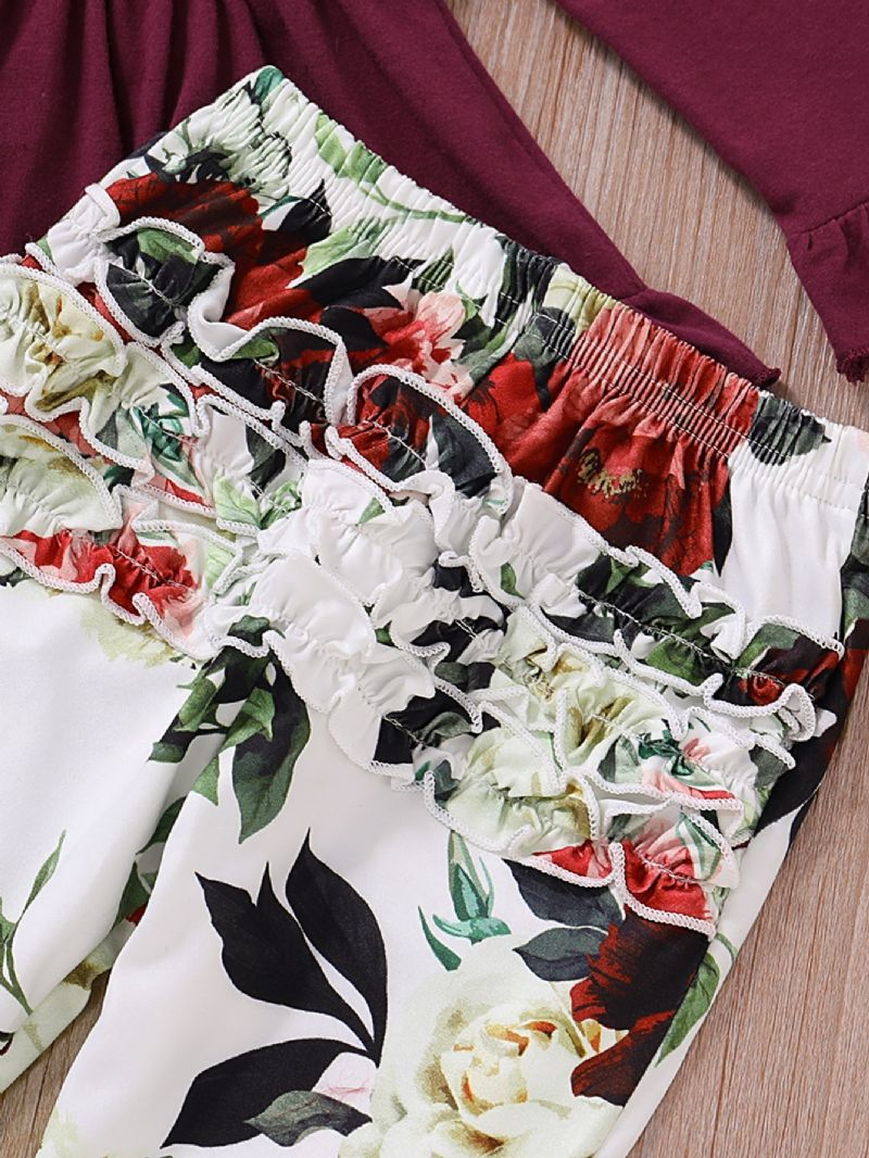 2 Stk Baby Bourgogne Langærmet Koreansk Top & Blomsterbundt Sæt