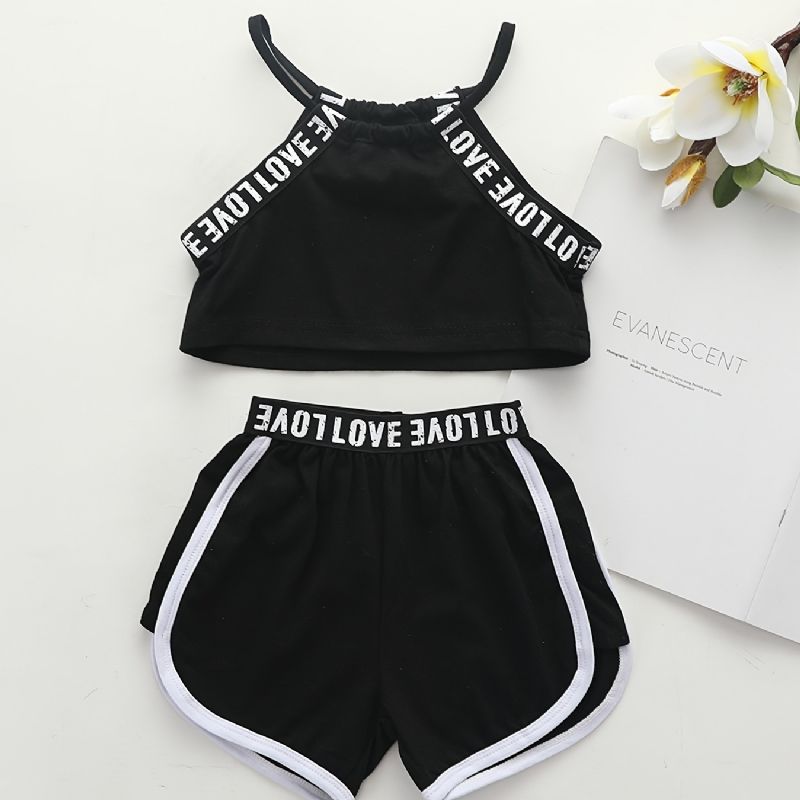 2 Stk Baby Piger Brev Print Crop Cami Top & Shorts Sæt Børnetøj