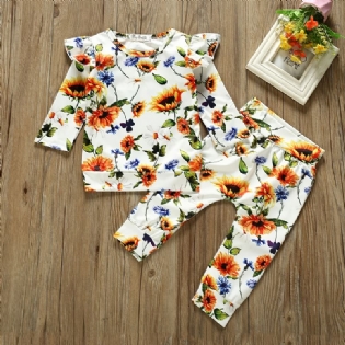 2 Stk Baby Piger Casual Flower Mønster Toppe & Bukser Sæt