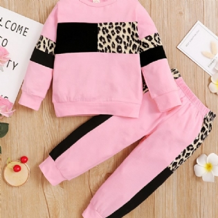 2 Stk Baby Piger Leopard Print Rundhalset Langærmet Sweatshirt & Bukser Sæt