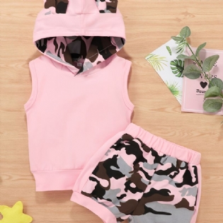 2 Stk Baby Piger Sæt Casual Colorblock Camouflage Print Ærmeløs Hættetrøje & Elastiske Talje Shorts Sæt