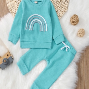 2 Stk Babypiger Casual Rainbow Broderet Pullover Sweatshirt & Snørebukser Sæt Til Vinter