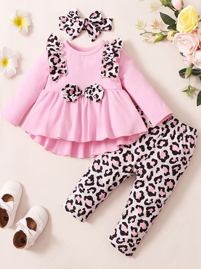 2 Stk Babypiger Sødt Sæt Med Leopardprint Flæsede Toppe & Bukser Til Vinter