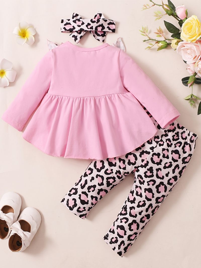 2 Stk Babypiger Sødt Sæt Med Leopardprint Flæsede Toppe & Bukser Til Vinter
