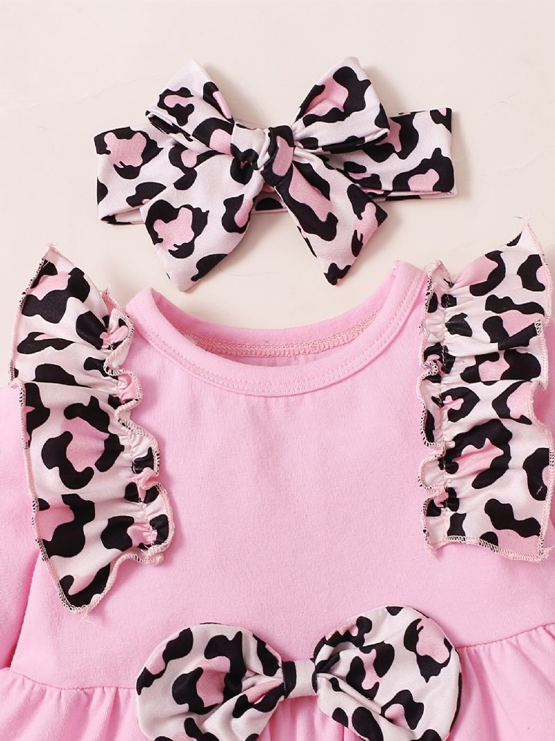 2 Stk Babypiger Sødt Sæt Med Leopardprint Flæsede Toppe & Bukser Til Vinter