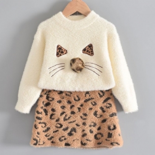 2 Stk Børne-nederdelsæt Efterår Vinter Børnedyremønster Mink Fleece Sweater Leopardprint Nederdelsæt