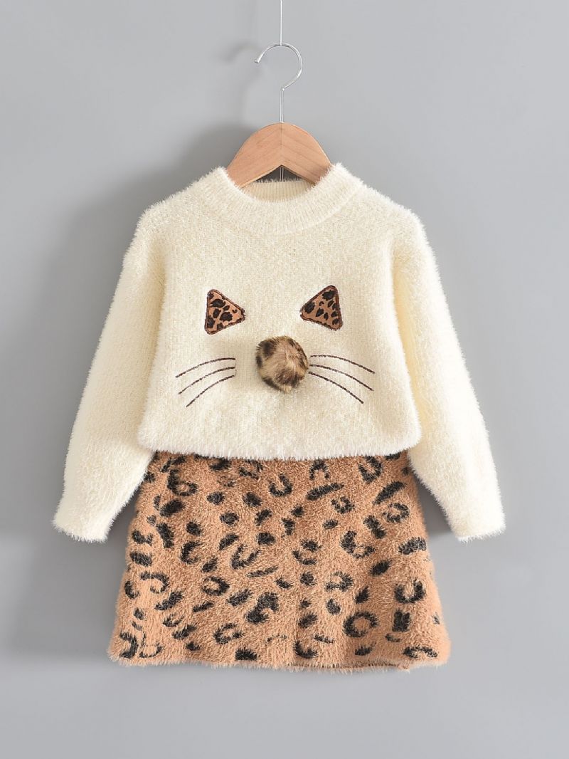 2 Stk Børne-nederdelsæt Efterår Vinter Børnedyremønster Mink Fleece Sweater Leopardprint Nederdelsæt