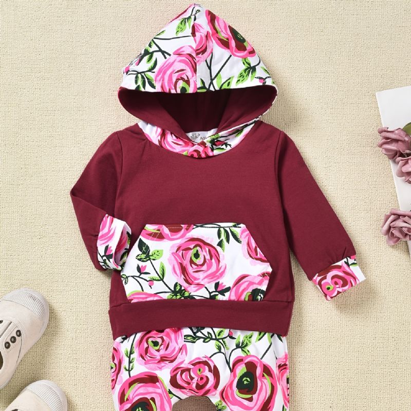 2 Stk Buksesæt Til Småbørnpiger Efterår Og Vinter Afslappet Blomsterprint Patchwork Stribet Hættetrøje Og Med Fuld Tryk