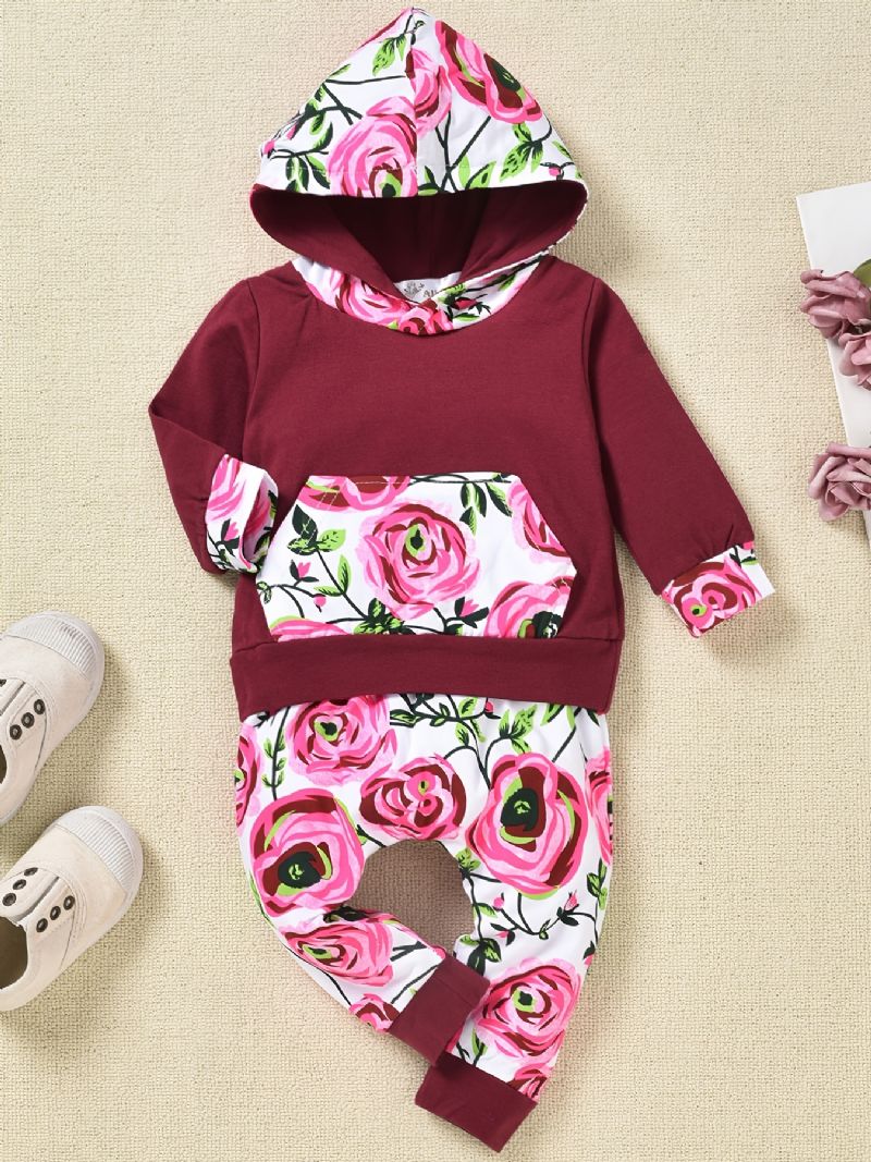 2 Stk Buksesæt Til Småbørnpiger Efterår Og Vinter Afslappet Blomsterprint Patchwork Stribet Hættetrøje Og Med Fuld Tryk