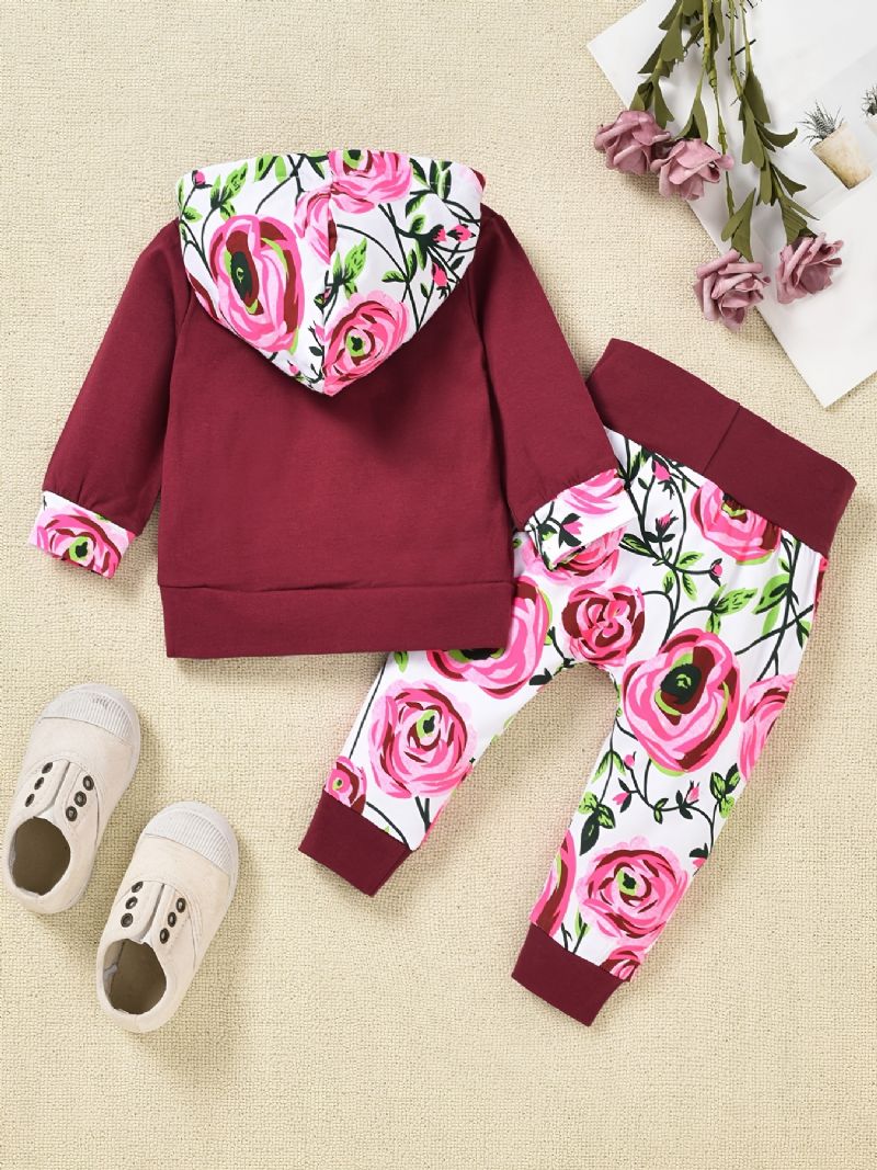 2 Stk Buksesæt Til Småbørnpiger Efterår Og Vinter Afslappet Blomsterprint Patchwork Stribet Hættetrøje Og Med Fuld Tryk