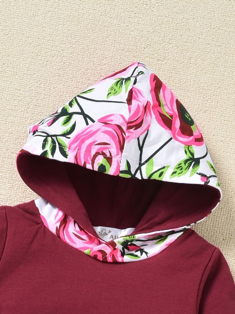 2 Stk Buksesæt Til Småbørnpiger Efterår Og Vinter Afslappet Blomsterprint Patchwork Stribet Hættetrøje Og Med Fuld Tryk