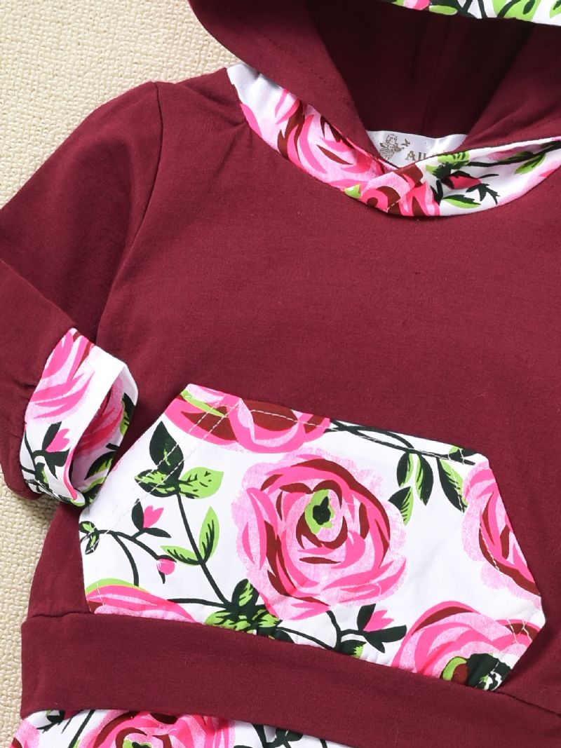 2 Stk Buksesæt Til Småbørnpiger Efterår Og Vinter Afslappet Blomsterprint Patchwork Stribet Hættetrøje Og Med Fuld Tryk