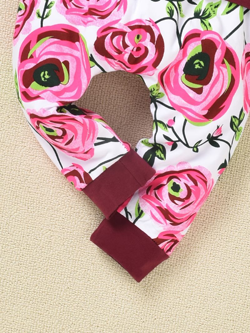 2 Stk Buksesæt Til Småbørnpiger Efterår Og Vinter Afslappet Blomsterprint Patchwork Stribet Hættetrøje Og Med Fuld Tryk