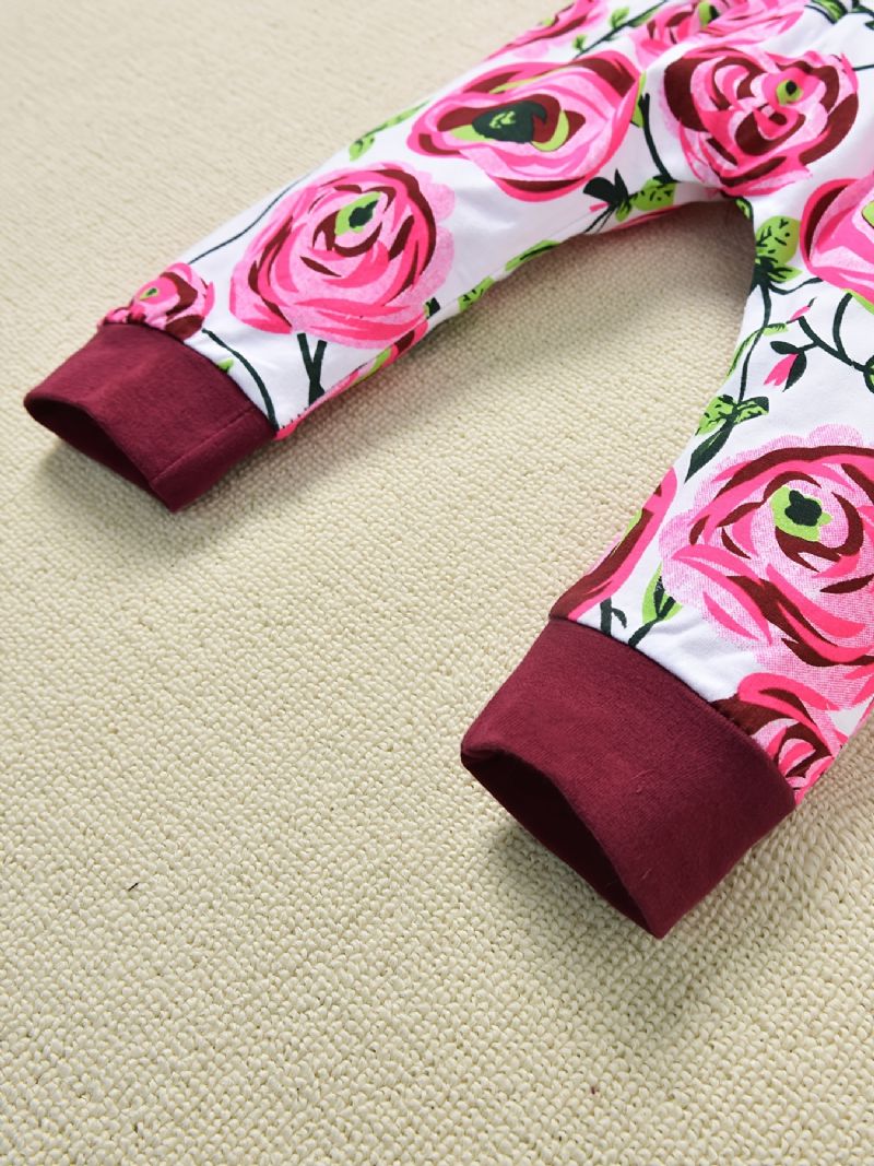 2 Stk Buksesæt Til Småbørnpiger Efterår Og Vinter Afslappet Blomsterprint Patchwork Stribet Hættetrøje Og Med Fuld Tryk