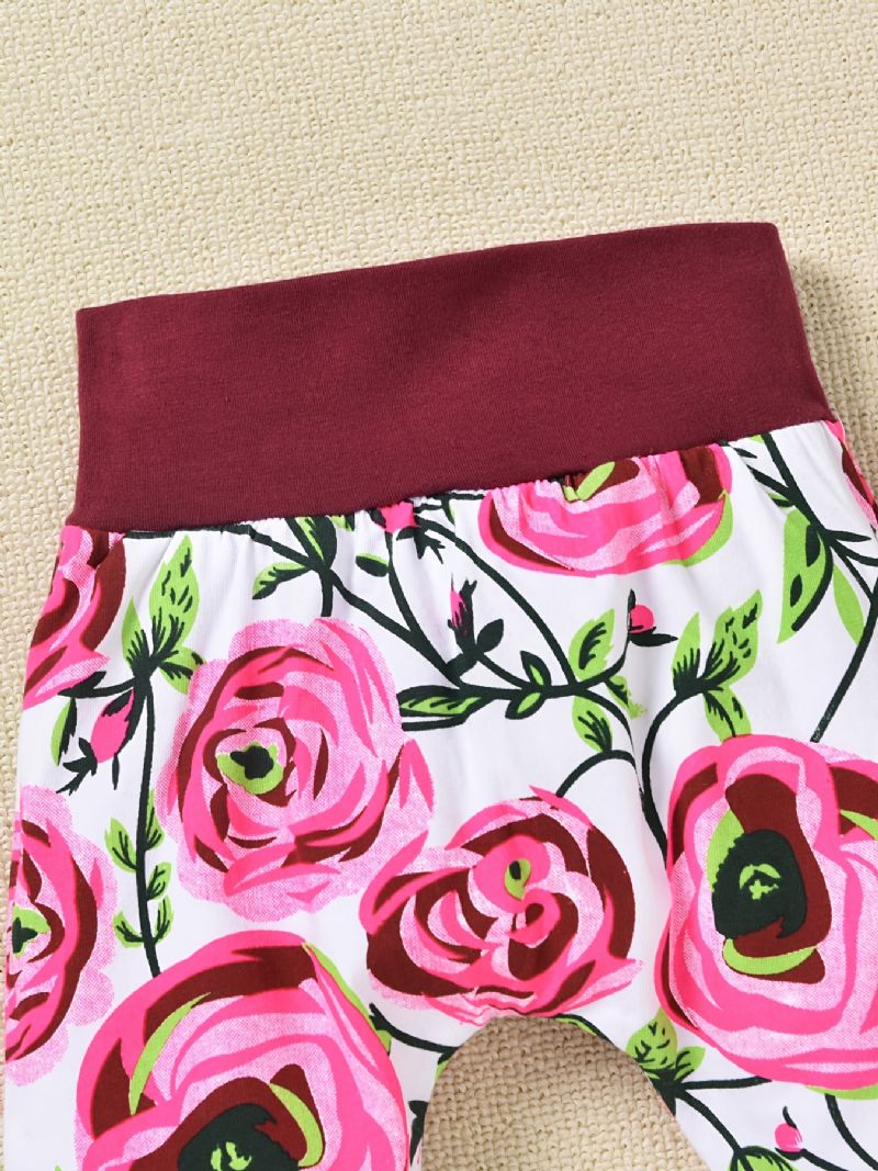 2 Stk Buksesæt Til Småbørnpiger Efterår Og Vinter Afslappet Blomsterprint Patchwork Stribet Hættetrøje Og Med Fuld Tryk