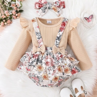 2 Stk Nyfødt Spædbørn Baby Pige Blomster Sløjfe Romper Langærmet Ribbet Bodysuit Flæse Tutu Nederdel Sæt Pandebånd Sommertøj