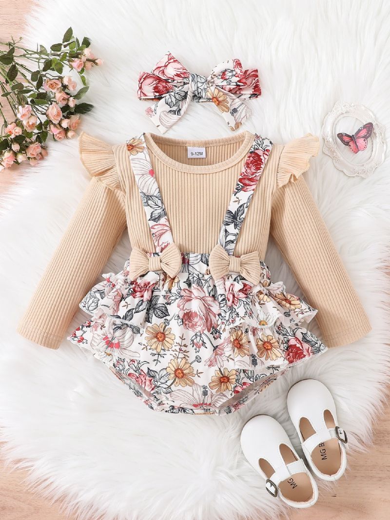 2 Stk Nyfødt Spædbørn Baby Pige Blomster Sløjfe Romper Langærmet Ribbet Bodysuit Flæse Tutu Nederdel Sæt Pandebånd Sommertøj