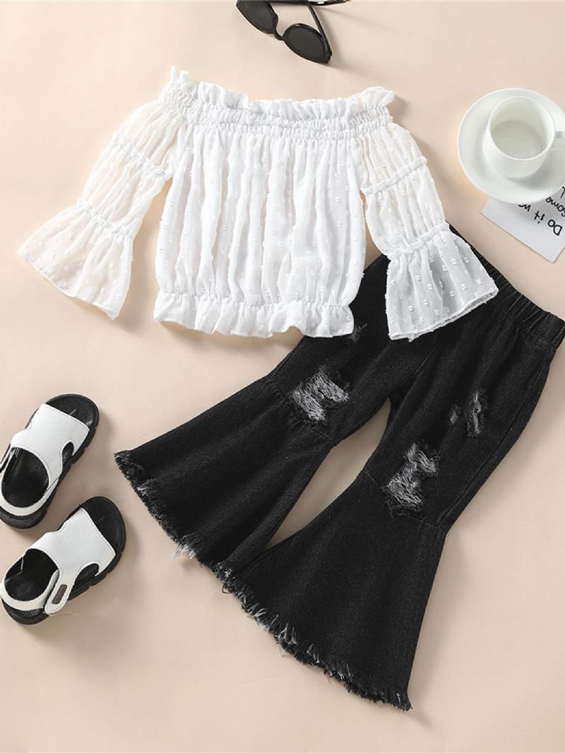 2 Stk. Pige Chiffon Off The Shoulder Langærmet Top & Ripped Flared Jeans Sæt