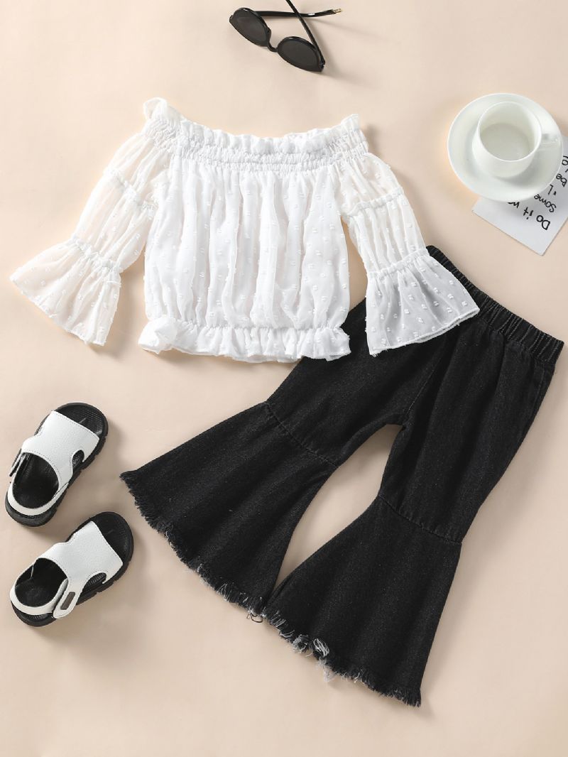 2 Stk. Pige Chiffon Off The Shoulder Langærmet Top & Ripped Flared Jeans Sæt