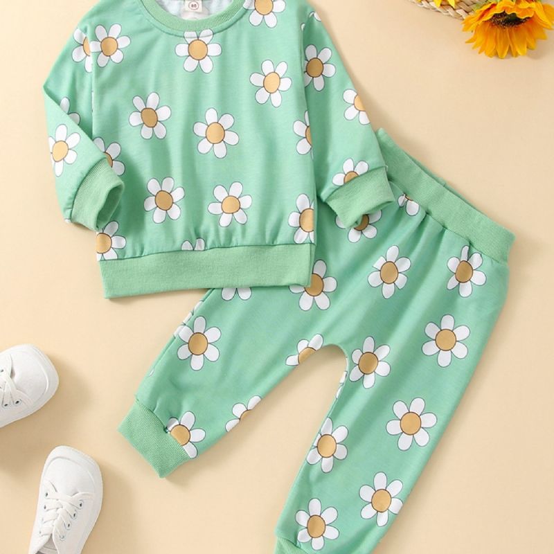2 Stk Pige Efterårstøj Langærmet Blomsterprint Sweatshirt Top & Bukser Outfit