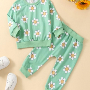 2 Stk Pige Efterårstøj Langærmet Blomsterprint Sweatshirt Top & Bukser Outfit