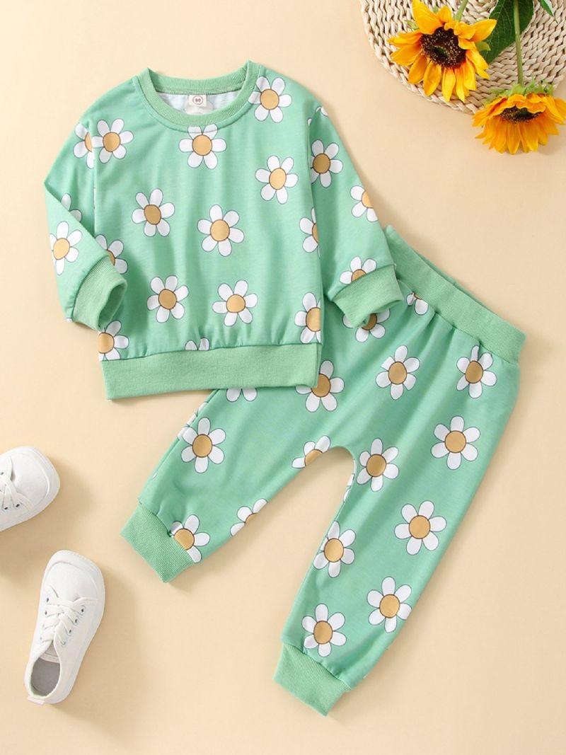 2 Stk Pige Efterårstøj Langærmet Blomsterprint Sweatshirt Top & Bukser Outfit