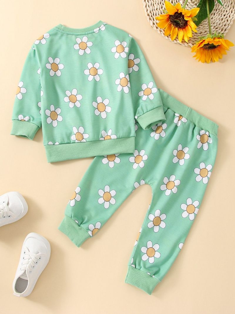 2 Stk Pige Efterårstøj Langærmet Blomsterprint Sweatshirt Top & Bukser Outfit