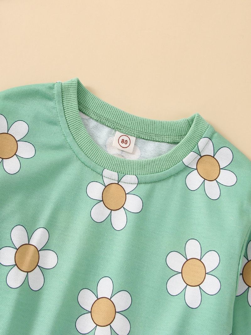 2 Stk Pige Efterårstøj Langærmet Blomsterprint Sweatshirt Top & Bukser Outfit