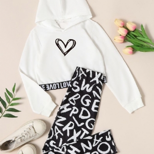 2 Stk Pige-hættetrøje Hjertetryk Langærmet Pullover Sweatshirt & Graffiti-buksesæt Børnetøj