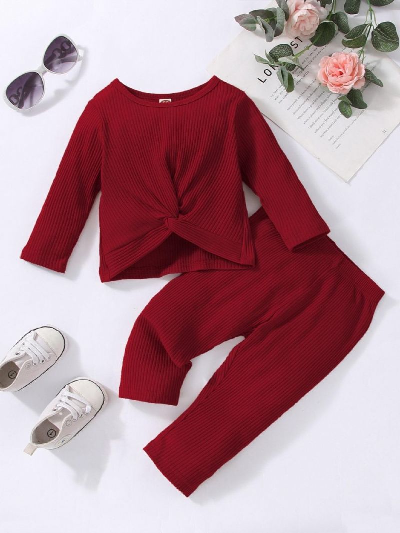 2 Stk Piger Ensfarvet Langærmet Sweater & Bukser Sæt