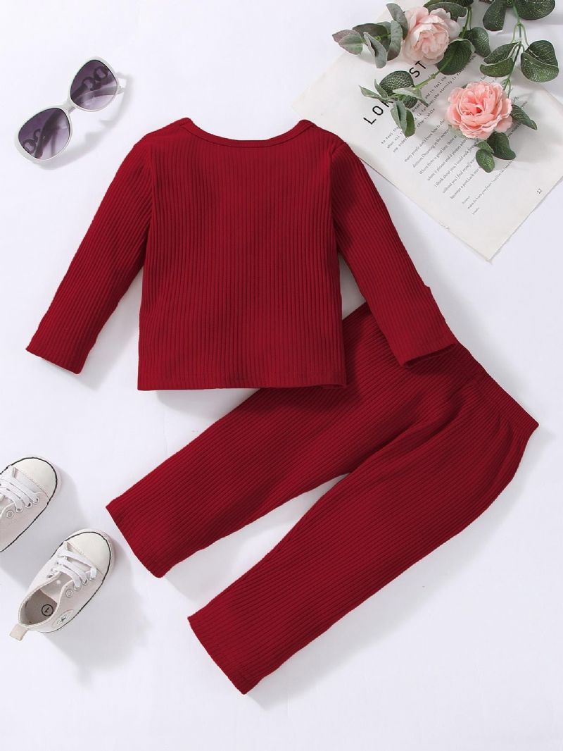2 Stk Piger Ensfarvet Langærmet Sweater & Bukser Sæt