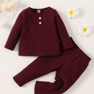2 Stk Piger Ensfarvet Snoet Knap Langærmet Sweater & Bukser Sæt
