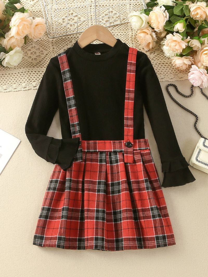 2 Stk Piger Ensfarvet Top & Stribet Plaid Nederdel