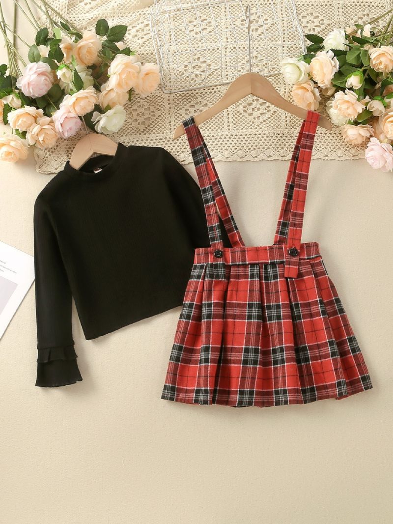 2 Stk Piger Ensfarvet Top & Stribet Plaid Nederdel