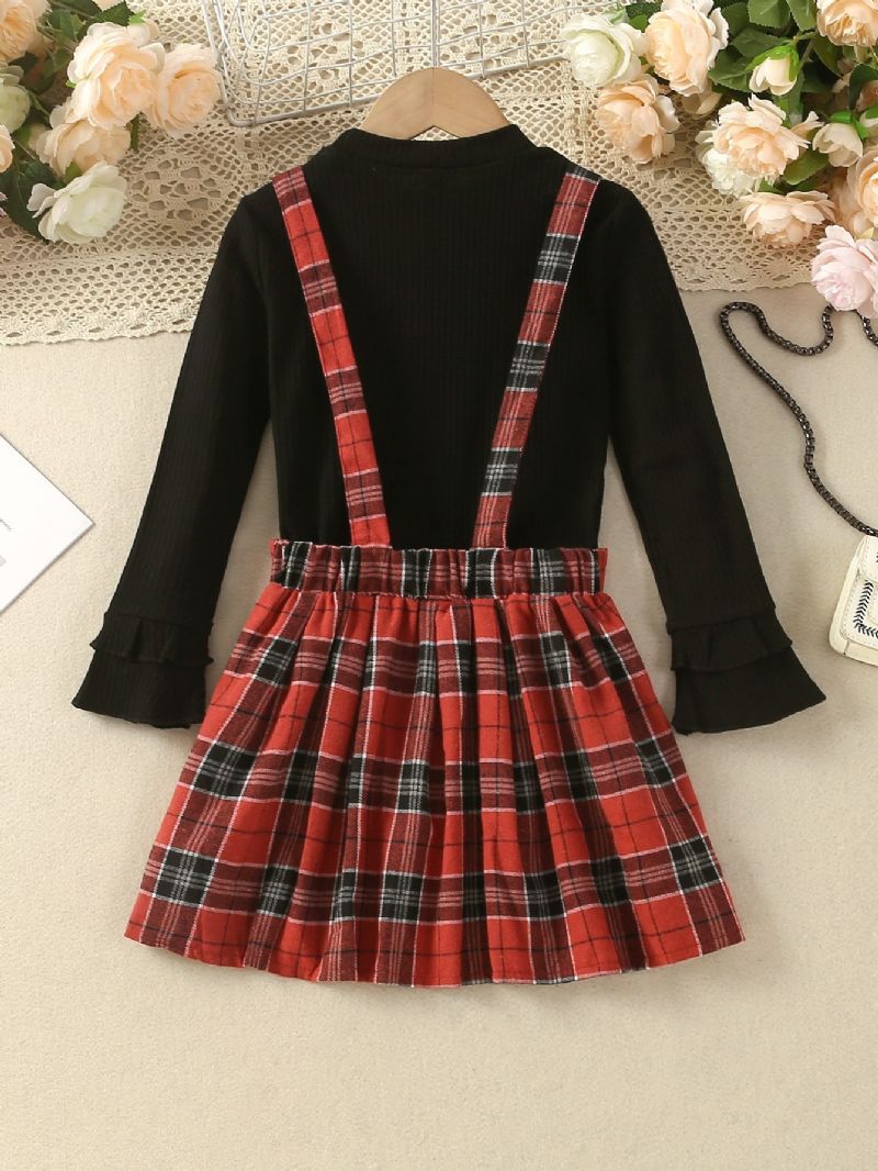 2 Stk Piger Ensfarvet Top & Stribet Plaid Nederdel