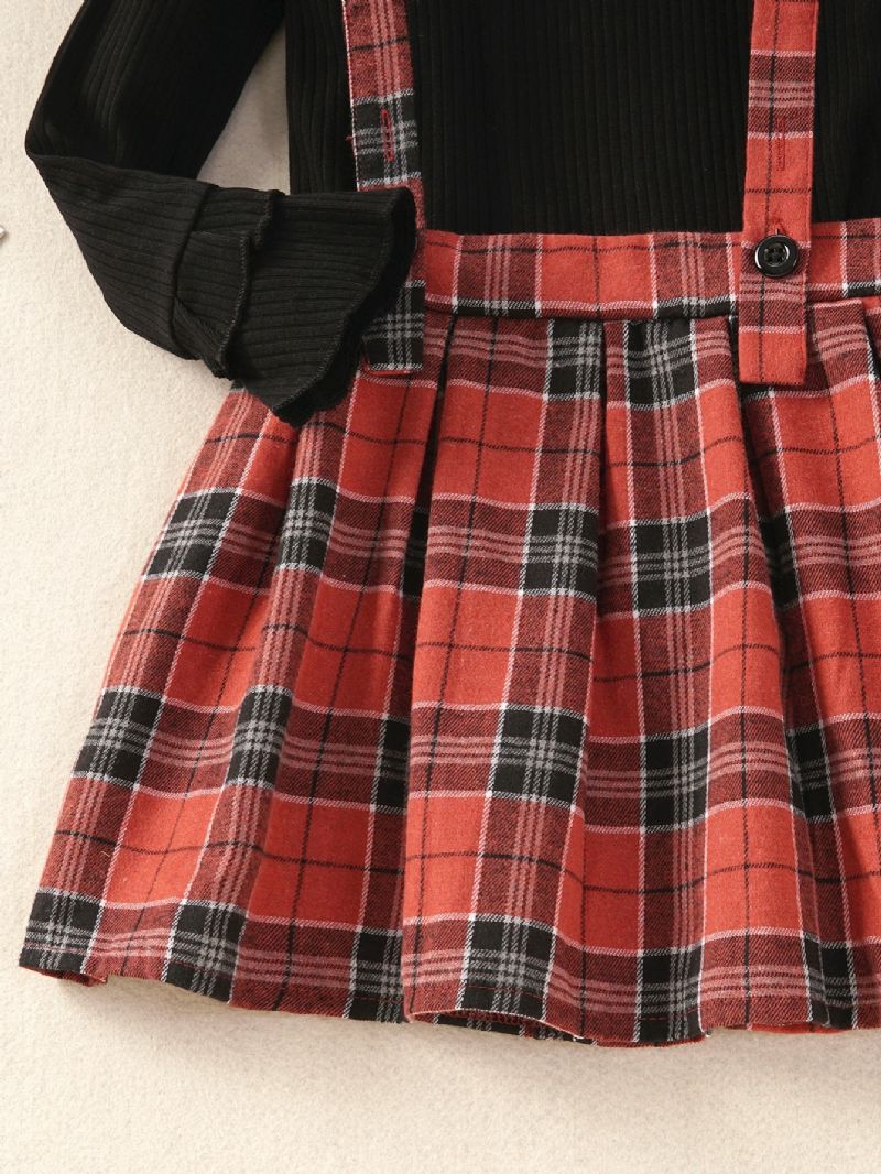 2 Stk Piger Ensfarvet Top & Stribet Plaid Nederdel