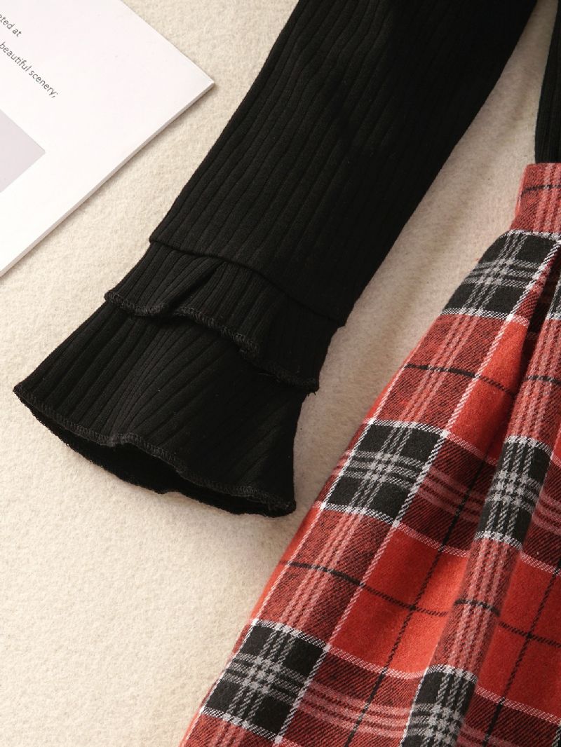 2 Stk Piger Ensfarvet Top & Stribet Plaid Nederdel
