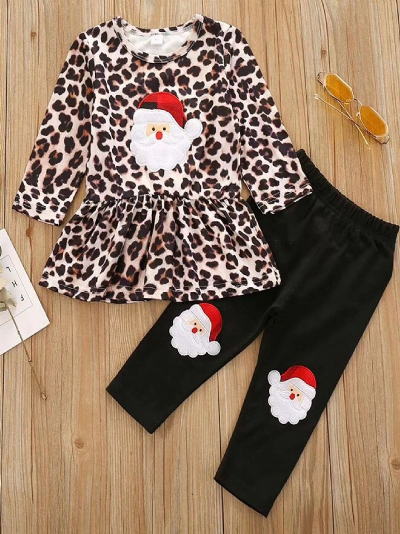 2 Stk Piger Jul Leopard Print Langærmet Top & Bukser Sæt