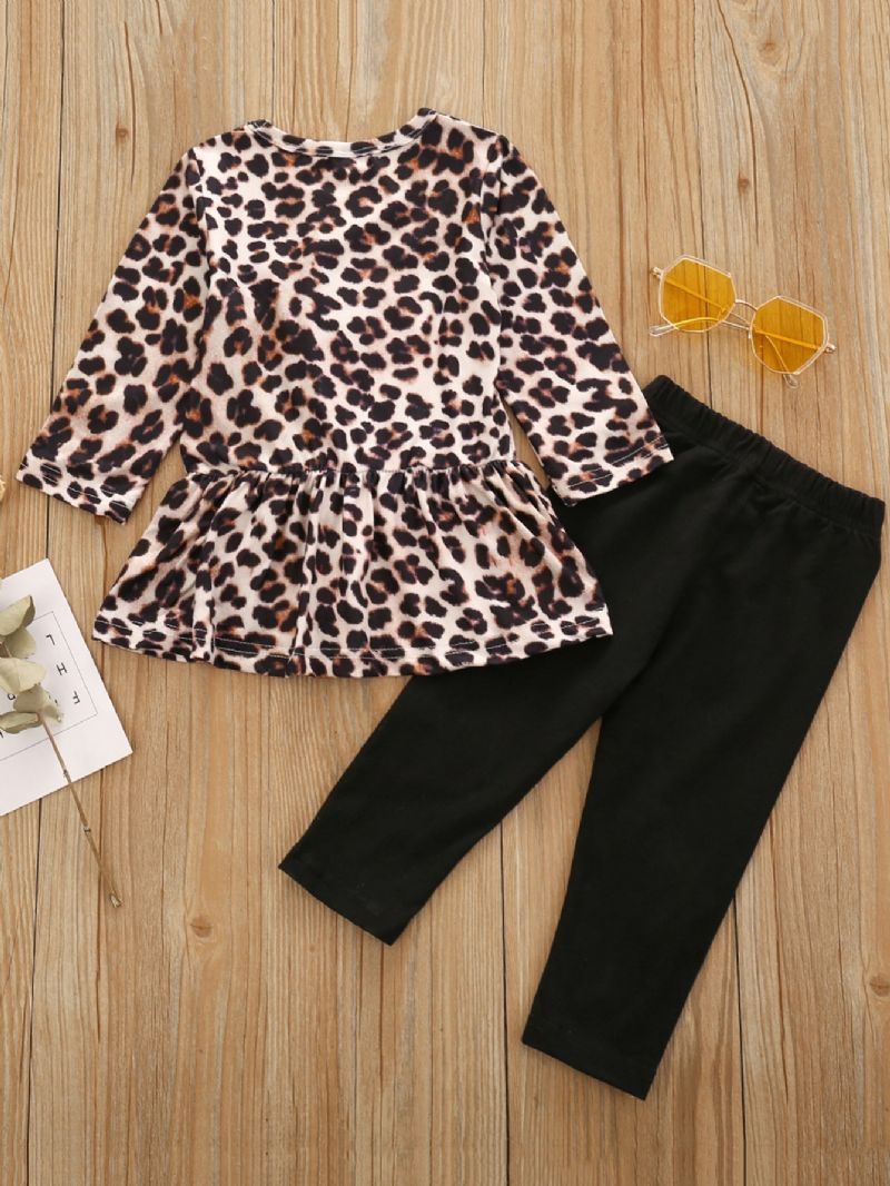2 Stk Piger Jul Leopard Print Langærmet Top & Bukser Sæt
