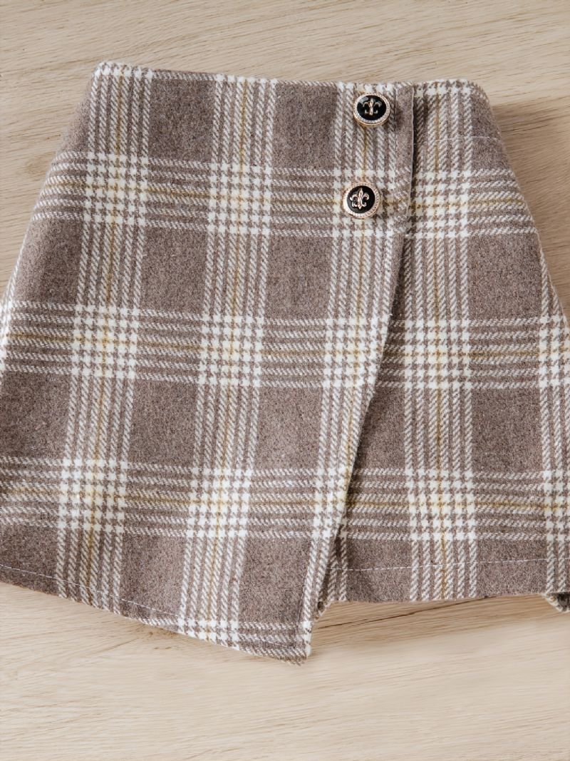 2 Stk Piger Langærmet Højhalset Top & Plaid Nederdel Sæt Børnetøj