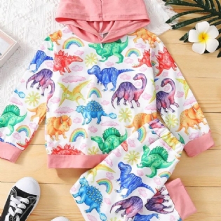 2 Stk Småbørnspiger Langærmet Hætte Dinosaur Print Farverige Sweatshirt & Bukser Sæt