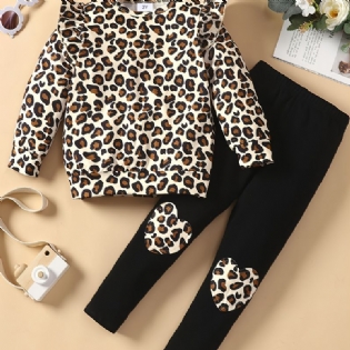 2 Stk Småbørnspiger Sæt Efterår & Vinter Nye Børne Leopard Solid Top & Patchwork Bukser Sæt