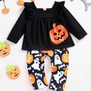 2ps Piger Halloween Black Pumpkin Top & Ghost Pants Set