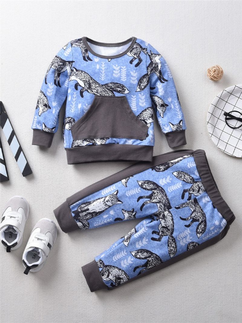 2stk Efterår Vinter Piger Snow Fox Print Sweatshirt Suit Sæt