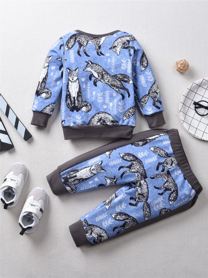 2stk Efterår Vinter Piger Snow Fox Print Sweatshirt Suit Sæt