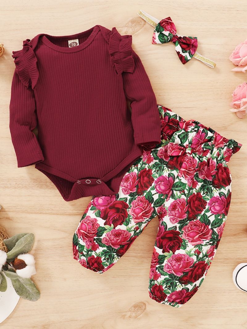 3 Stk Baby Grills Ribbet Bomuld Flæse Detalje T-shirt Med Blomsterprint Bukser Sæt
