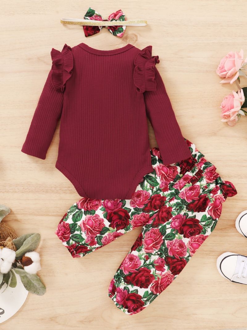 3 Stk Baby Grills Ribbet Bomuld Flæse Detalje T-shirt Med Blomsterprint Bukser Sæt